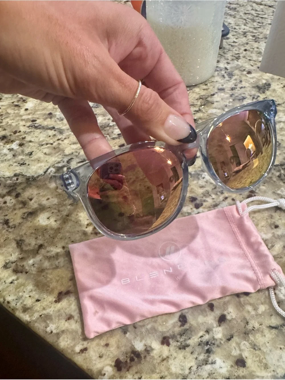 Blenders Blue Clear Frame Sunglasses with Pink Mirrored Lenses